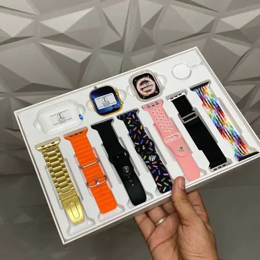 10 in1 Set Ultra 2 Smart Bluetooth Calling Smartwatch + Earphones with Transparent Screen Guard Watch with Seven Classic Straps (Mix Color)